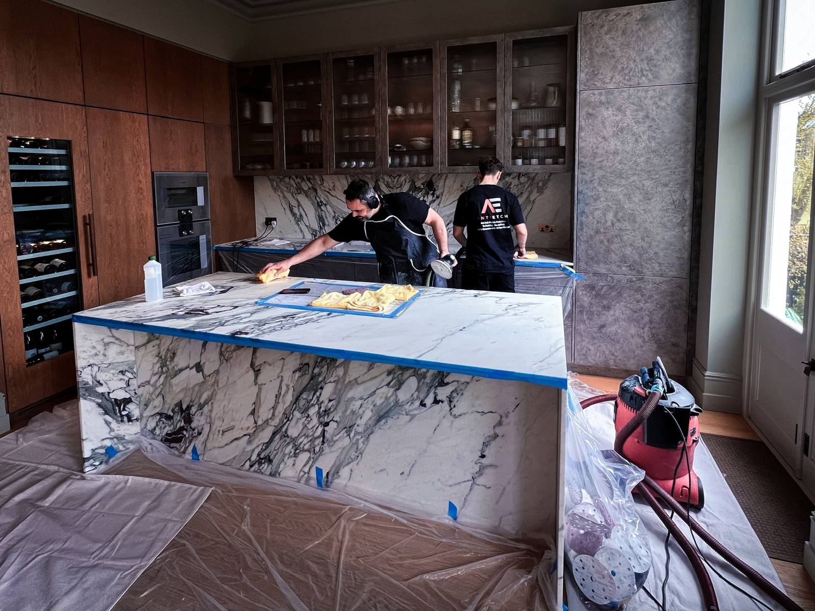 Marble kitchen island during MORE AntiEtch® application